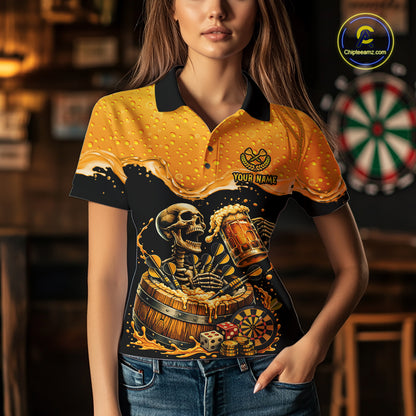 Custom Funny Skeleton Play Dart And Beer Dartboard Women Polo Shirt Personalized Dart Team Jerseys NYN2773