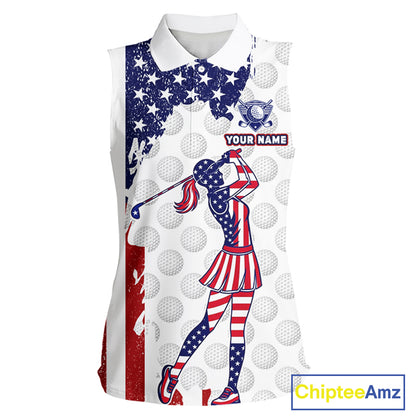 Custom Patriotic Golf Sleeveless Polo Shirts, Grunge US Flag Golf Ball White Women Best Golf Clothing Shirts NYN2991