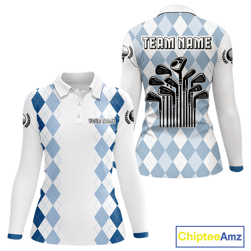 Womens Argyle Pattern Golf Polo Shirts, Blue Argyle Golf Attire Custom Golf Clubs Pattern Upf Shirts NYN2999