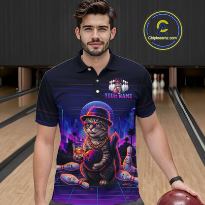 Whisky Cat Funny Bowling Shirts For Men Custom Neon Bowling Polo & Quarter-Zip Jerseys NYN3416