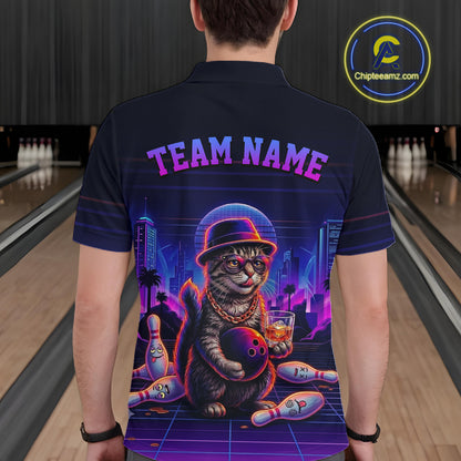 Whisky Cat Funny Bowling Shirts For Men Custom Neon Bowling Polo & Quarter-Zip Jerseys NYN3416