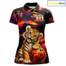 Load image into Gallery viewer, Women's bowling polo featuring fierce tiger with colorful claws and fire flames, personalized bowling apparel for wildlife lovers, martial arts fans and big cat enthusiasts, symbolizing strength, courage, leadership and fearless ambition.