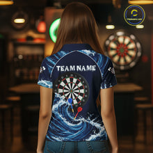 Load image into Gallery viewer, Female model wearing Blue Waving women's darts polo, custom dart team jersey, tournament apparel, personalized performance clothing, competitive league sportswear