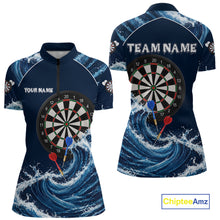 Load image into Gallery viewer, Blue Waving women's quarter-zip darts jersey featuring modern wave dartboard graphics, personalized tournament shirt, custom league clothing, athletic performance apparel