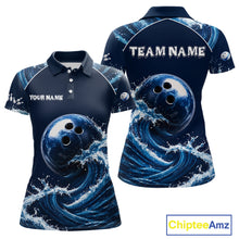 Load image into Gallery viewer, Blue Waving women's bowling ball polo shirt featuring flowing wave graphics, personalized bowling team jersey, custom tournament apparel, league uniform, moisture-wicking performance polo, championship bowling clothing, athletic bowling apparel