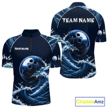 Load image into Gallery viewer, Blue Waving men's quarter-zip bowling jersey with bowling ball design, personalized bowling team apparel, league tournament uniform, moisture-wicking sportswear, competitive bowling polo