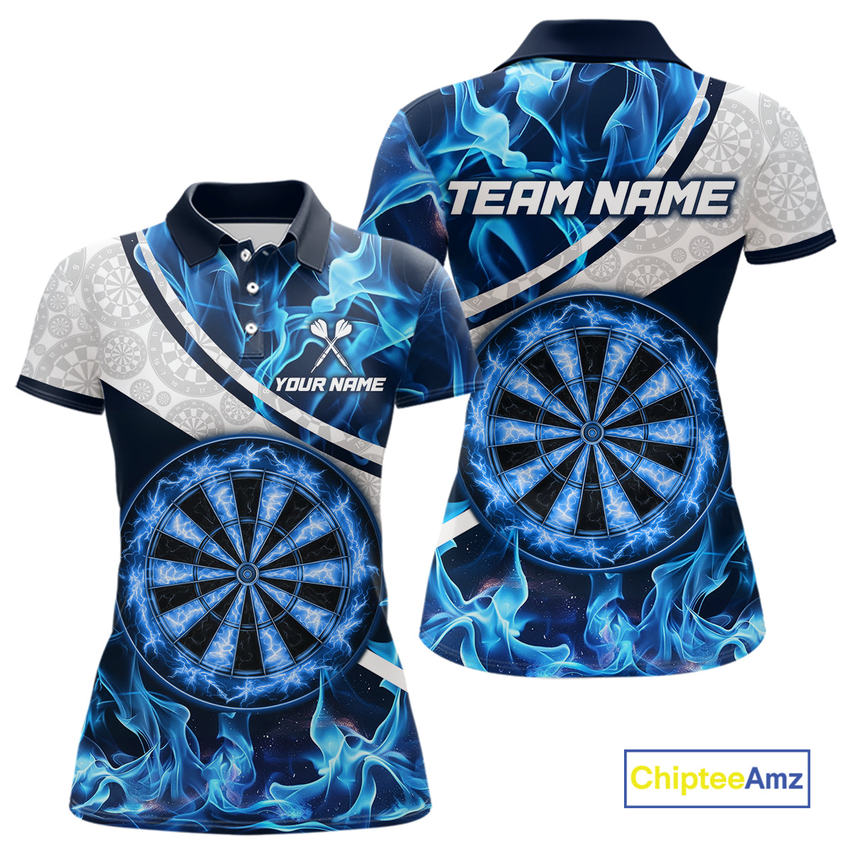 Personalized Blue Flaming Thunder Dartboard Women Darts Polo & 1/4-Zip Shirts Dart Team Jerseys NYN2801