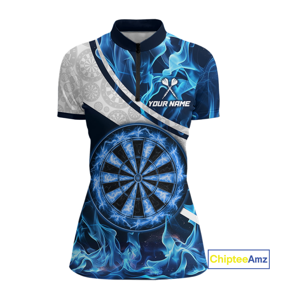 Personalized Blue Flaming Thunder Dartboard Women Darts Polo & 1/4-Zip Shirts Dart Team Jerseys NYN2801