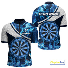 Load image into Gallery viewer, Personalized Blue Flaming Thunder Dartboard Men Darts Polo &amp; 1/4-Zip Shirts Dart Team Jerseys NYN2801