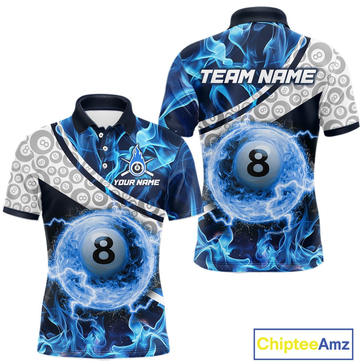 Personalized Blue Flaming Thunder 8 Ball Pool Billiard Shirts For Men Billiard Attire Gifts NYN2802