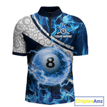 Load image into Gallery viewer, Personalized Blue Flaming Thunder 8 Ball Pool Billiard Shirts For Men Billiard Attire Gifts NYN2802
