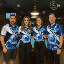 Load image into Gallery viewer, Personalized Blue Flaming Thunder 8 Ball Pool Billiard Shirts For Men Billiard Attire Gifts NYN2802