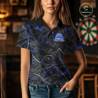 Custom Grey Blue Flaming Dartboard Darts Women Polo & 1/4-Zip Shirts Dart Team Jerseys NYN2806