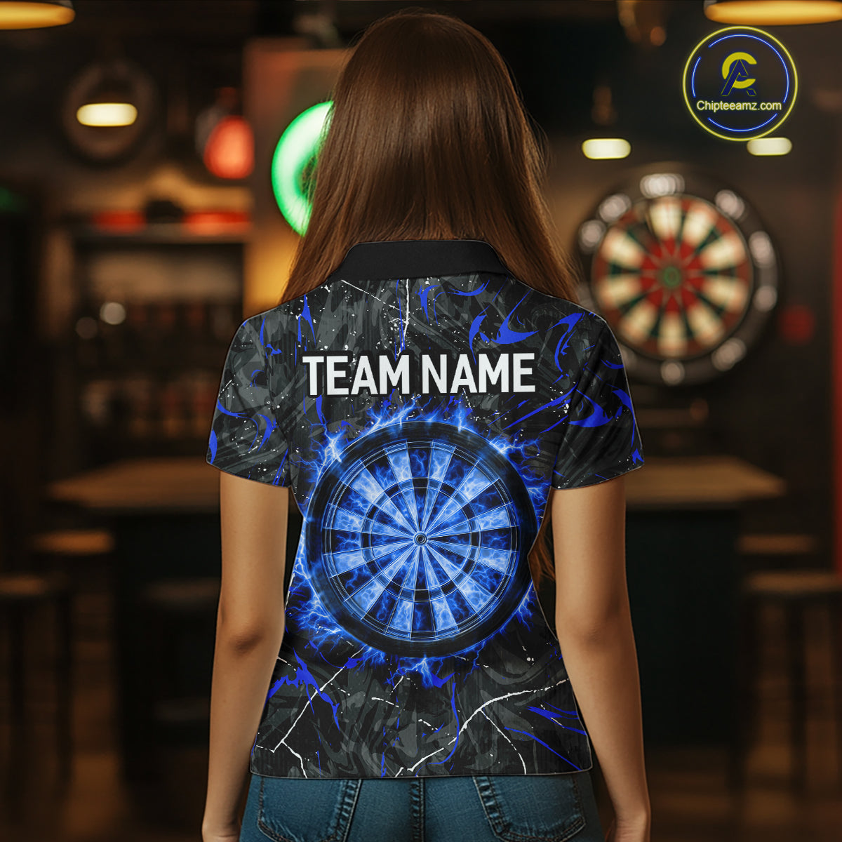 Custom Grey Blue Flaming Dartboard Darts Women Polo & 1/4-Zip Shirts Dart Team Jerseys NYN2806