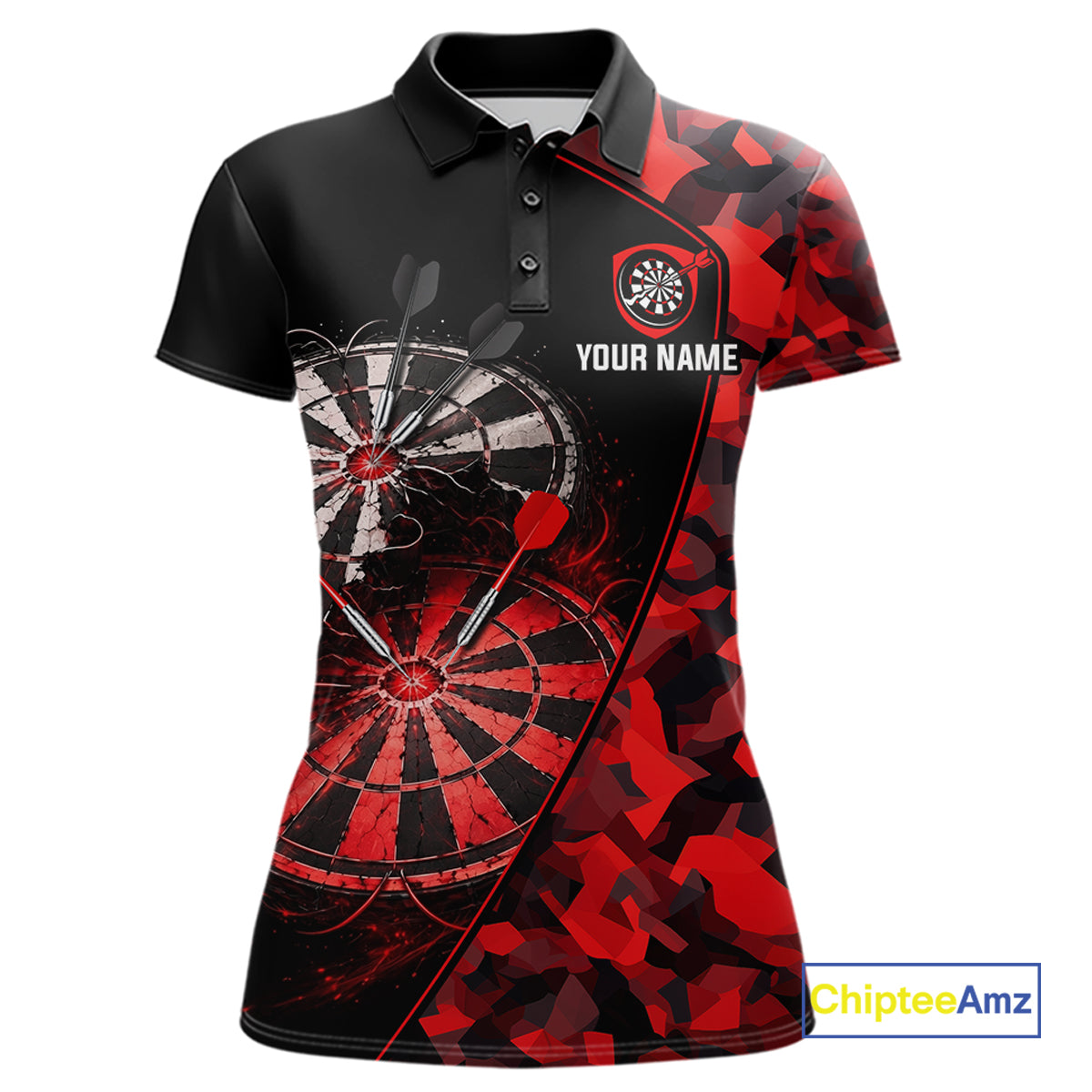 Personalized Camouflage Cracked Black And Red Dartboard Women Polo & 1/4-Zip Shirts Dart Team Jerseys NYN2809