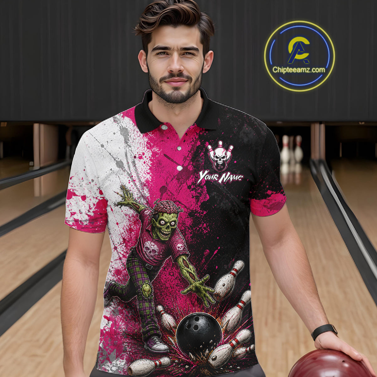 Grunge Black, White And Pink Zombie Men Bowling Shirts Personalized Skull Bowling Team Outfits NYN3188