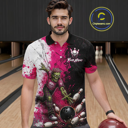Grunge Black, White And Pink Zombie Men Bowling Shirts Personalized Skull Bowling Team Outfits NYN3188