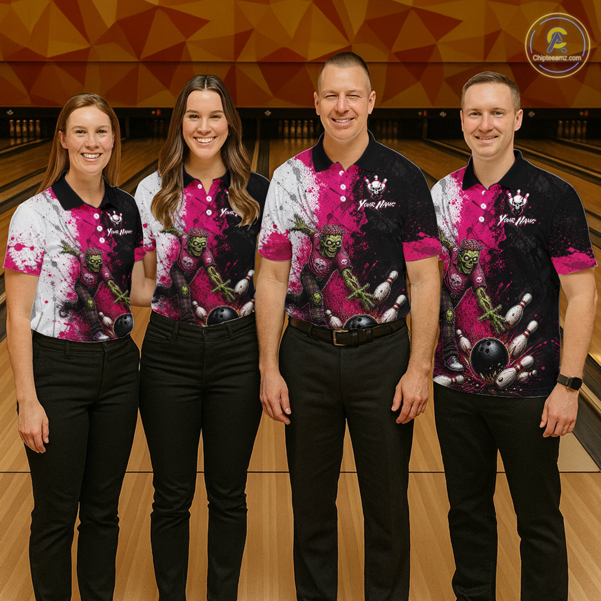 Grunge Black, White And Pink Zombie Men Bowling Shirts Personalized Skull Bowling Team Outfits NYN3188