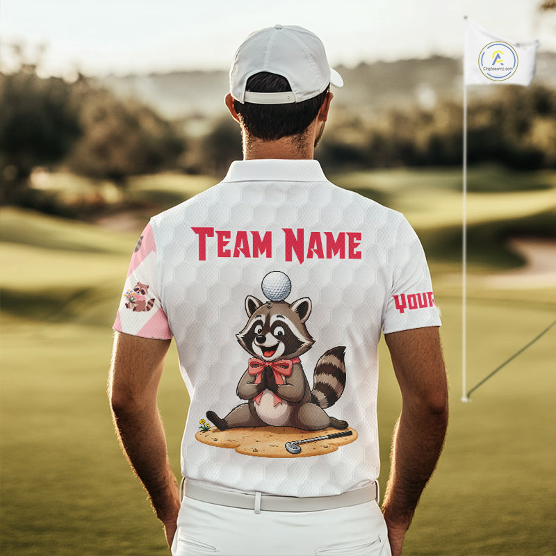 Men's model wearing Glitter Raccoon Golf Polo Shirt, personalized golf apparel, woodland sportswear, custom golf outfit, glitter golf fashion.