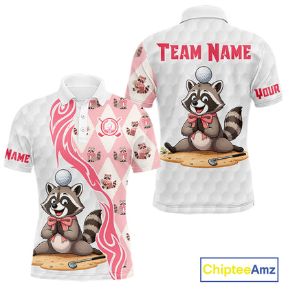 Pink and White Glitter Raccoon Men's Golf Polo Shirt mockup featuring glitter raccoon design, personalized golf apparel, custom golf team polo, woodland golf fashion.