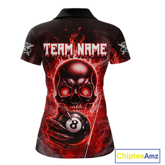 Red Flames Skull Hoding 8 Ball Pool Women Polo & 1/4-Zip Shirt Custom Billiards Ball Jerseys NYN2428