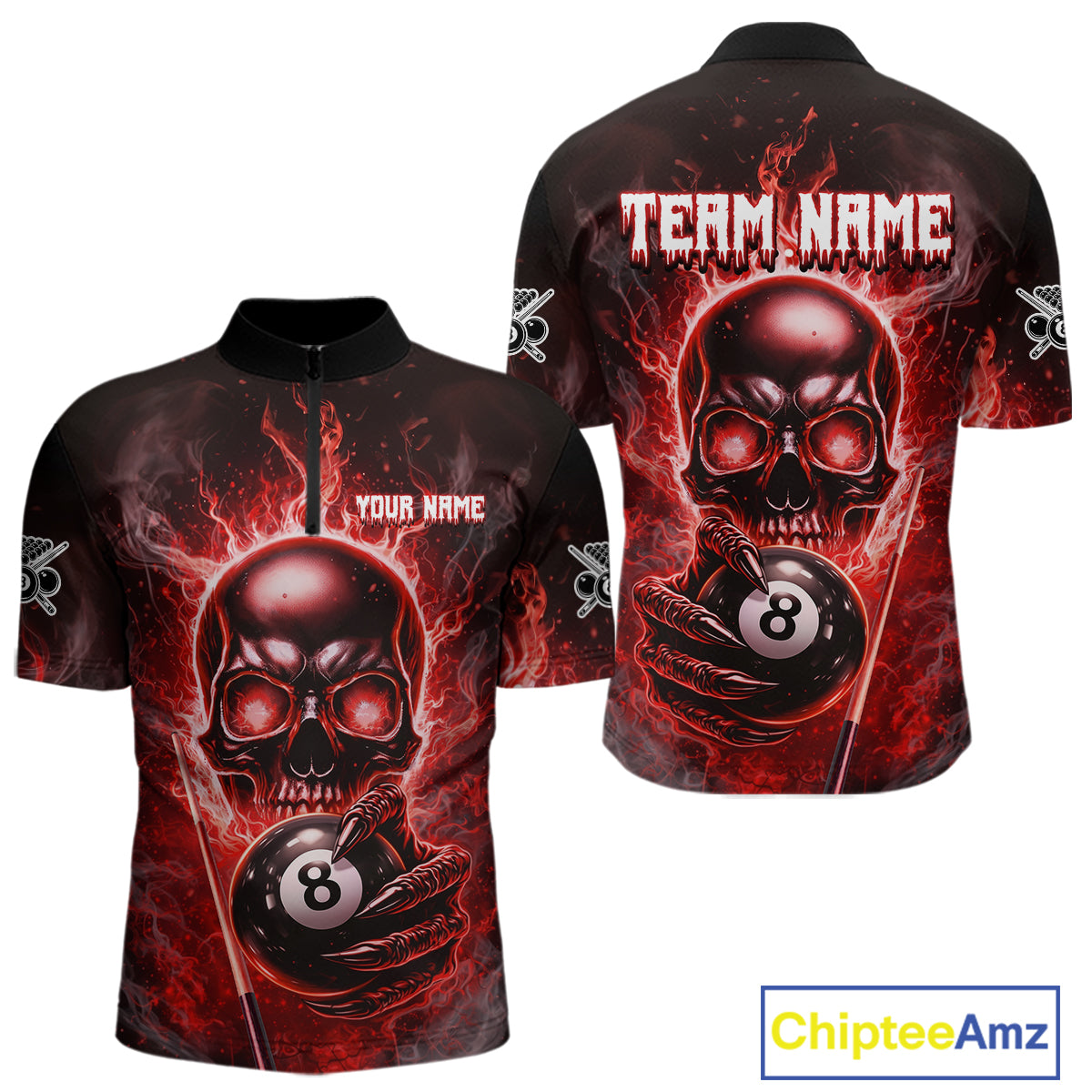 Red Flames Skull Hoding 8 Ball Pool Men Polo & 1/4-Zip Shirt Custom Billiards Ball Jerseys NYN2428
