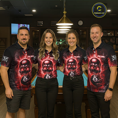 Red Flames Skull Hoding 8 Ball Pool Men Polo & 1/4-Zip Shirt Custom Billiards Ball Jerseys NYN2428