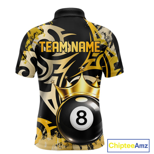 Gold Tribal Crown 8 Ball Pool Men Polo & 1/4-Zip Team Shirt Custom Billiards Ball Jerseys NYN2429