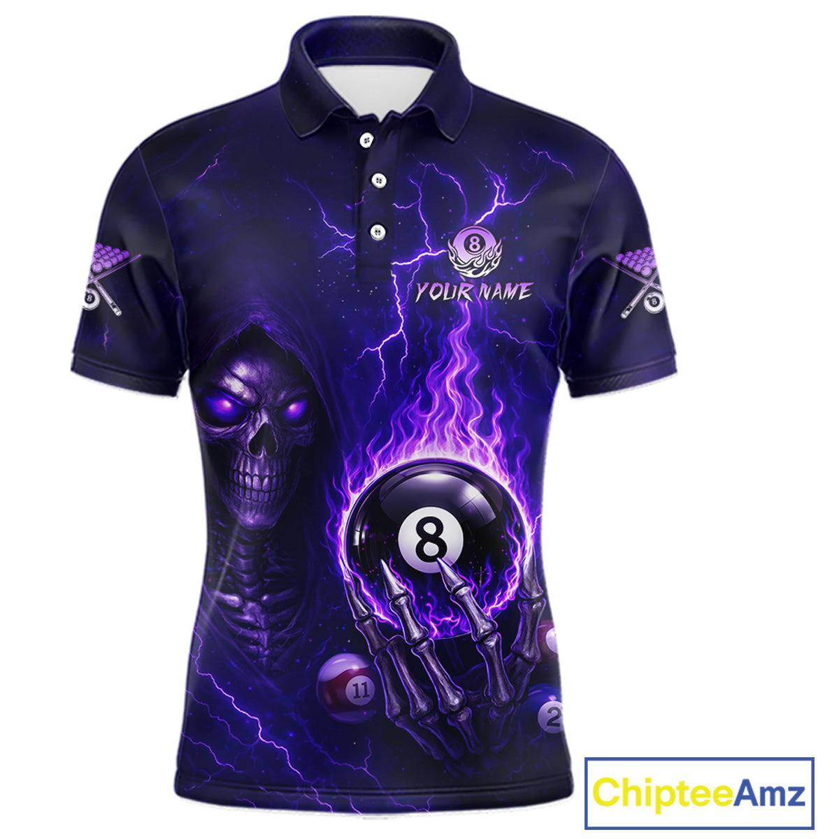 Fire Flame Purple 8 Ball Pool Billiard Team Shirt For Men Custom Grim Reaper Billiard Jerseys NYN2438