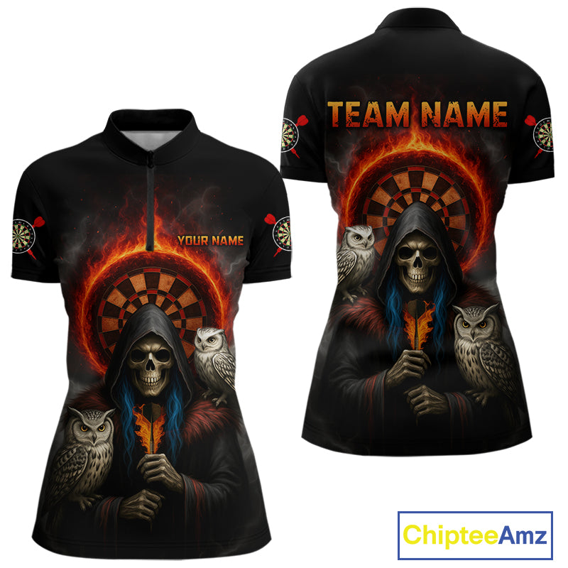 Custom Smoke Grim Reaper Flames Dartboard Dart Women Quarter-Zip Shirt Outfits Dart Jerseys NYN1616