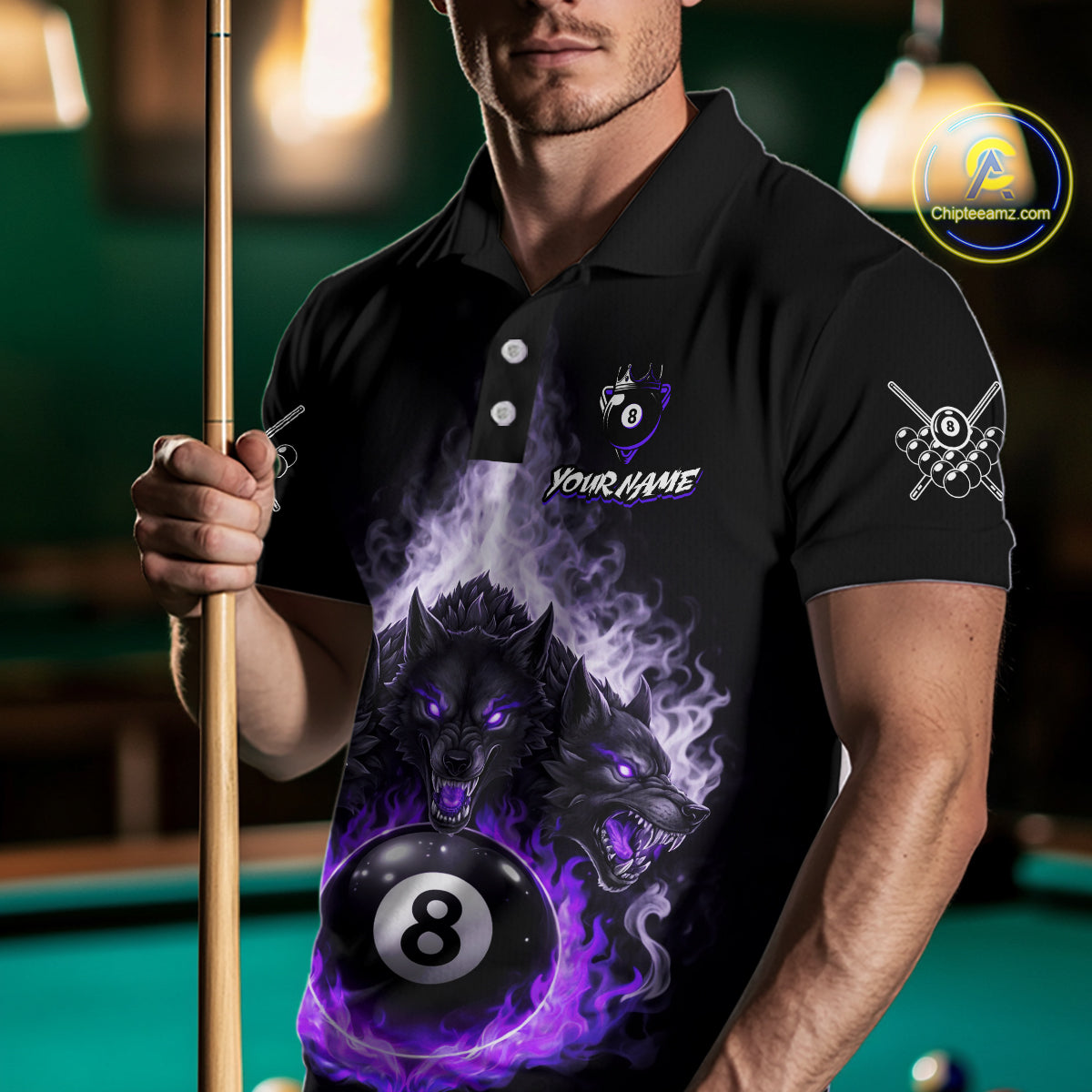 Custom Horror Wolfs Black Purple Smokes Pool 8 Ball Men's Billiard Team Shirt Billiard Attire NYN2667