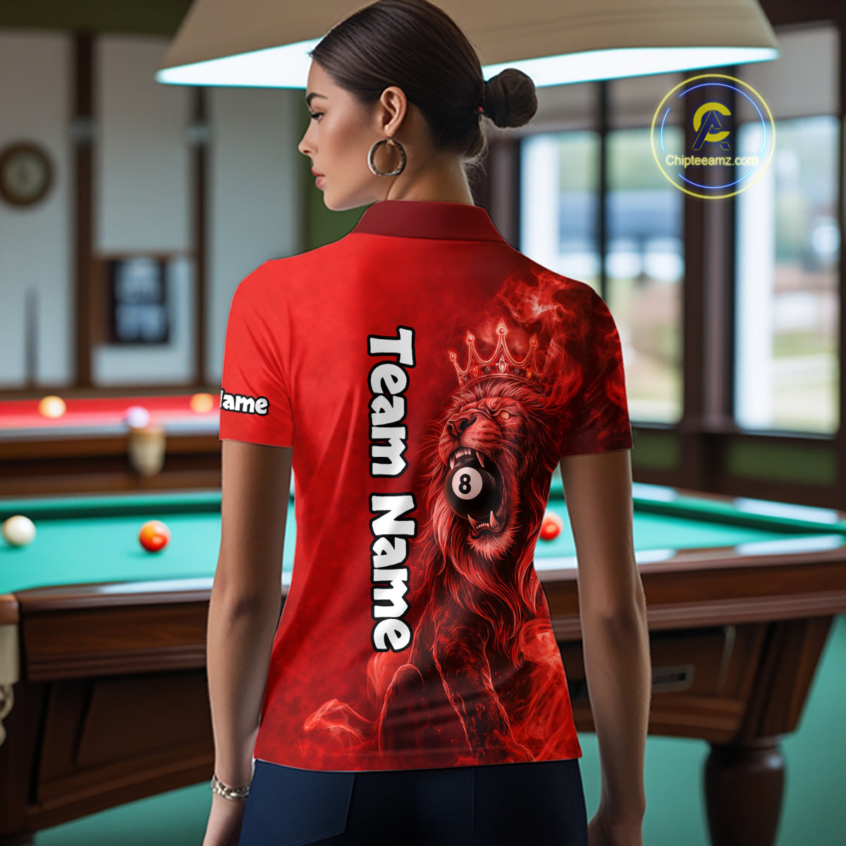 Personalized Red Grunge Smoke Crown Lion 8 Ball Pool Billiard Shirts For Women Billiard Attire Gifts NYN2826