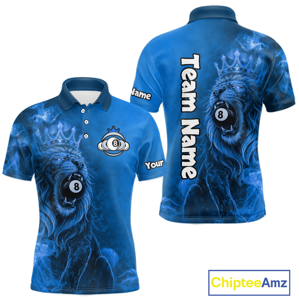 Personalized Blue Grunge Smoke Crown Lion 8 Ball Pool Billiard Shirts For Men Billiard Attire Gifts NYN2827