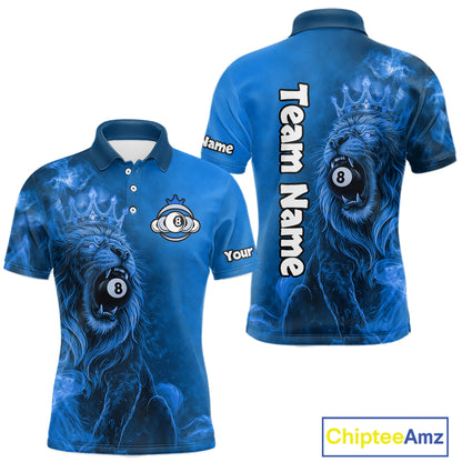 Personalized Blue Grunge Smoke Crown Lion 8 Ball Pool Billiard Shirts For Men Billiard Attire Gifts NYN2827