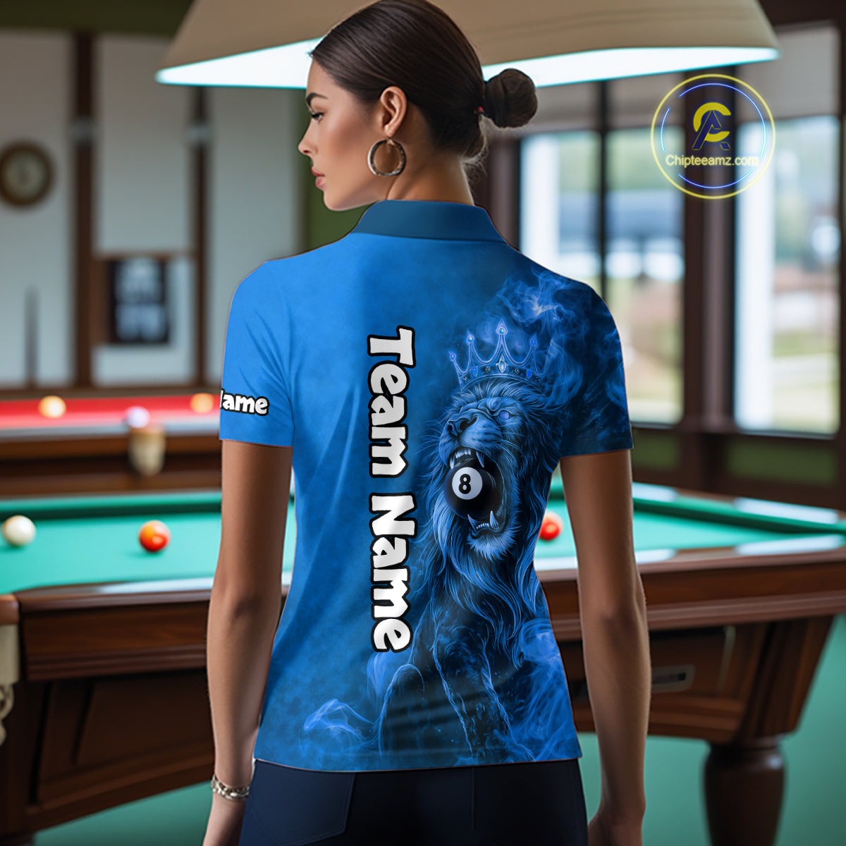Personalized Blue Grunge Smoke Crown Lion 8 Ball Pool Billiard Shirts For Women Billiard Attire Gifts NYN2827
