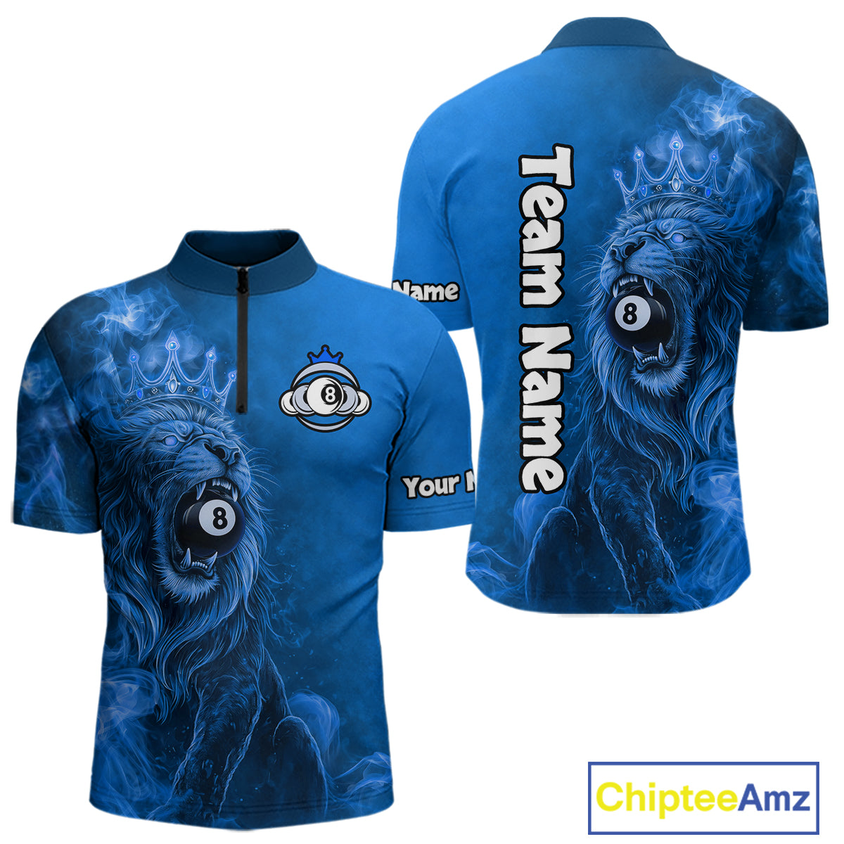 Personalized Blue Grunge Smoke Crown Lion 8 Ball Pool Billiard Shirts For Men Billiard Attire Gifts NYN2827
