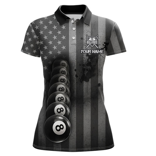 Grunge US Flag Blur 8 Ball Pool Billiard Team Shirt For Women Custom Patriotic Billiards Ball Attire NYN2470