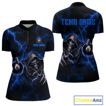 Custom Blue Grim Reaper Thunder 8 Ball Pool Billiard Shirt For Women, Billiard Team Jersey NYN3779