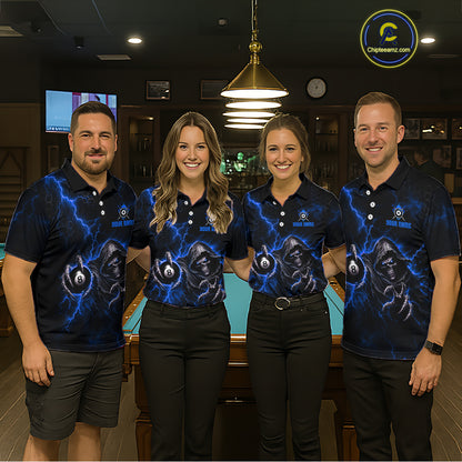 Custom Blue Grim Reaper Thunder 8 Ball Pool Billiard Shirt For Women, Billiard Team Jersey NYN3779