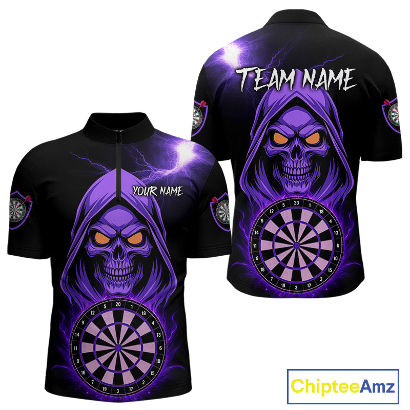 Custom Skeleton Purple Flames Dartboard Dart Men Quarter-Zip Jerseys Outfits Dart Team Shirt NYN1664