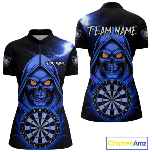 Custom Skeleton Blue Flames Dartboard Dart Women Quarter-Zip Jerseys Outfits Dart Team Shirt NYN1665