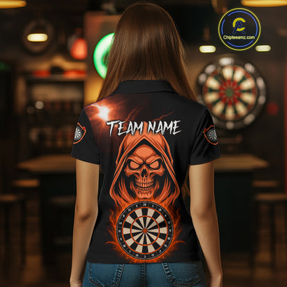 Custom Skeleton Orange Flames Dartboard Dart Women Polo Jerseys Outfits Dart Team Shirt NYN1666