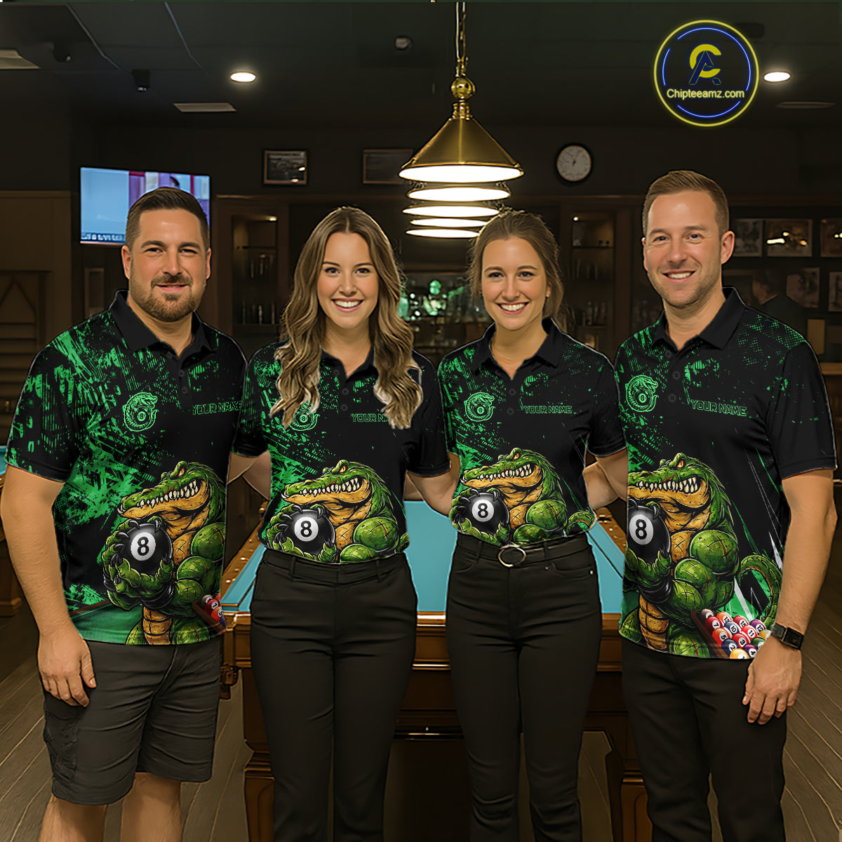 Custom Green Grunge Crocodile 8 Ball Billiard Pool Shirt For Women Funny Billiard Team Jersey NYN3066