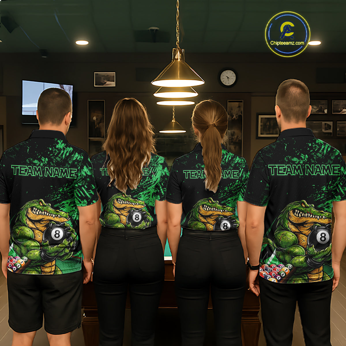 Custom Green Grunge Crocodile 8 Ball Billiard Pool Shirt For Women Funny Billiard Team Jersey NYN3066