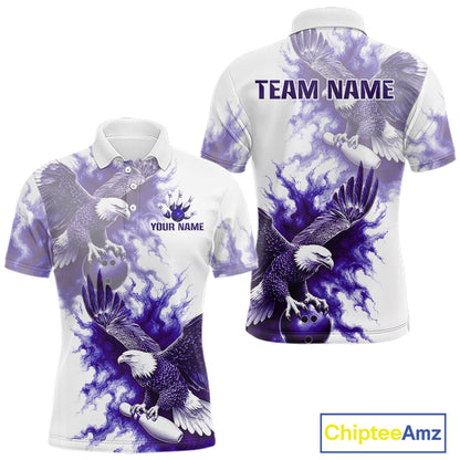 Purple & White Eagle Bowling Polo featuring custom player name, majestic eagle artwork, moisture-wicking bowling apparel, personalized tournament jersey, championship sportswear.