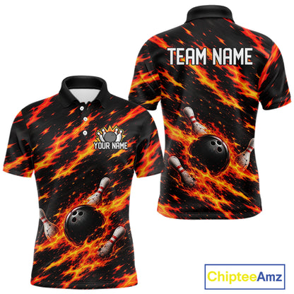 Black And Red Fire Bowling Shirt For Men Custom Flame Bowling Team Polo Quarter-Zip Shirt NYN4095