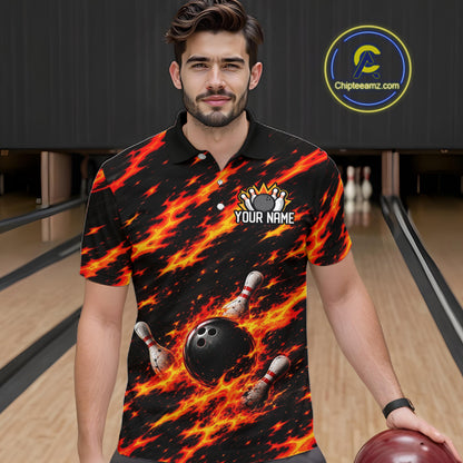 Black And Red Fire Bowling Shirt For Men Custom Flame Bowling Team Polo Quarter-Zip Shirt NYN4095