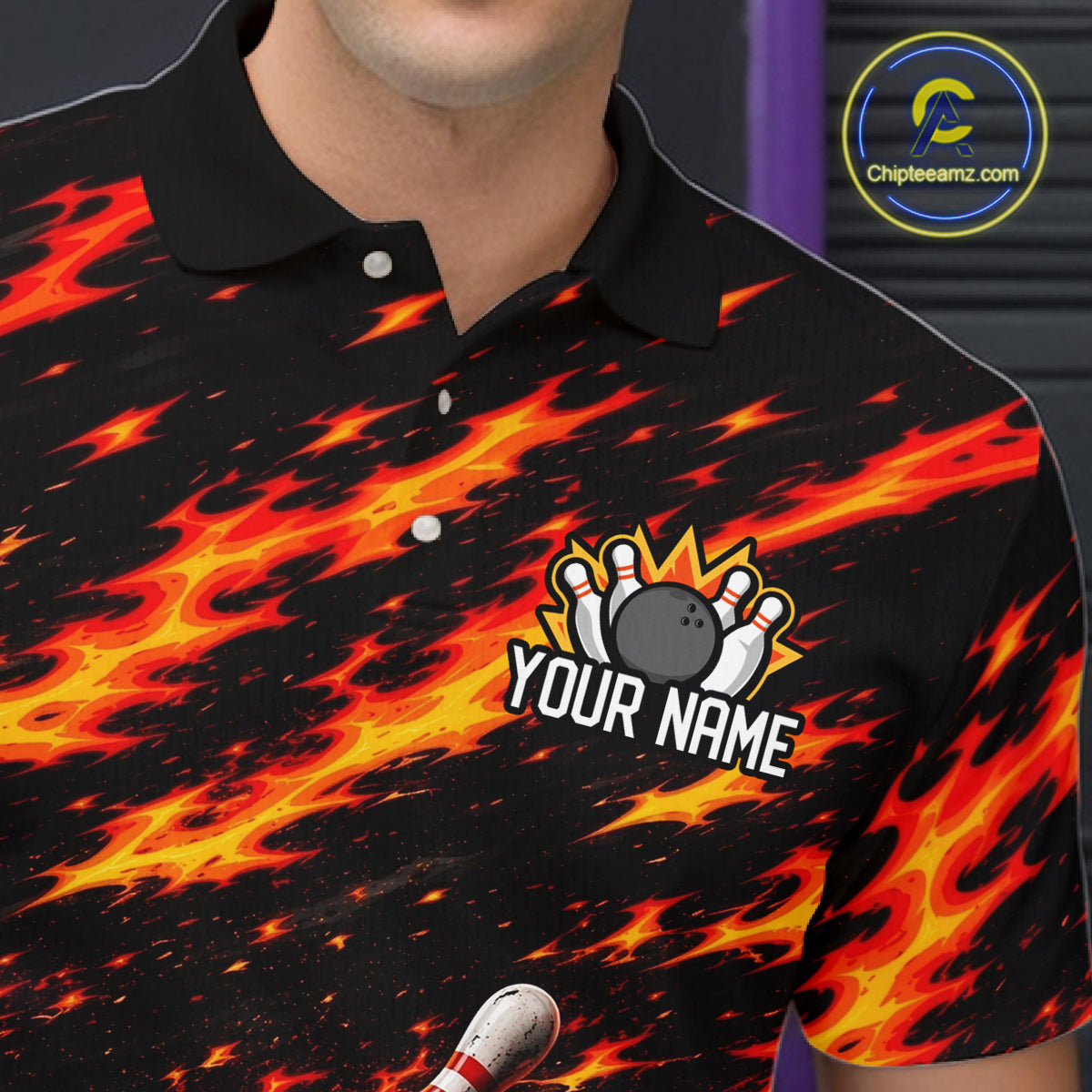 Black And Red Fire Bowling Shirt For Men Custom Flame Bowling Team Polo Quarter-Zip Shirt NYN4095