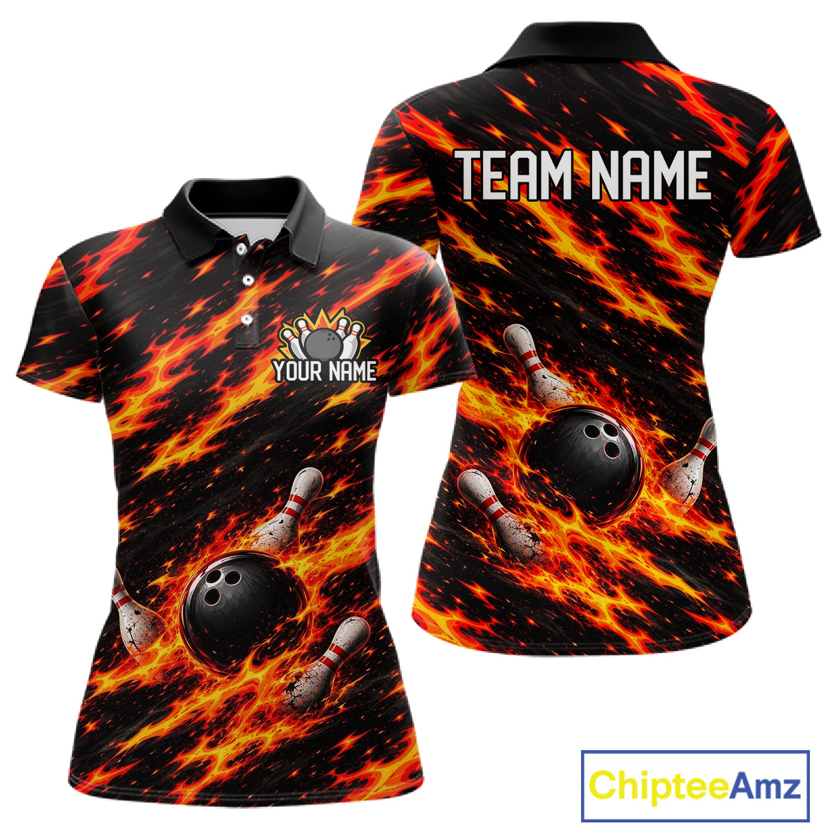 Black And Red Fire Bowling Shirt For Women Custom Flame Bowling Team Polo Quarter-Zip Shirt NYN4095