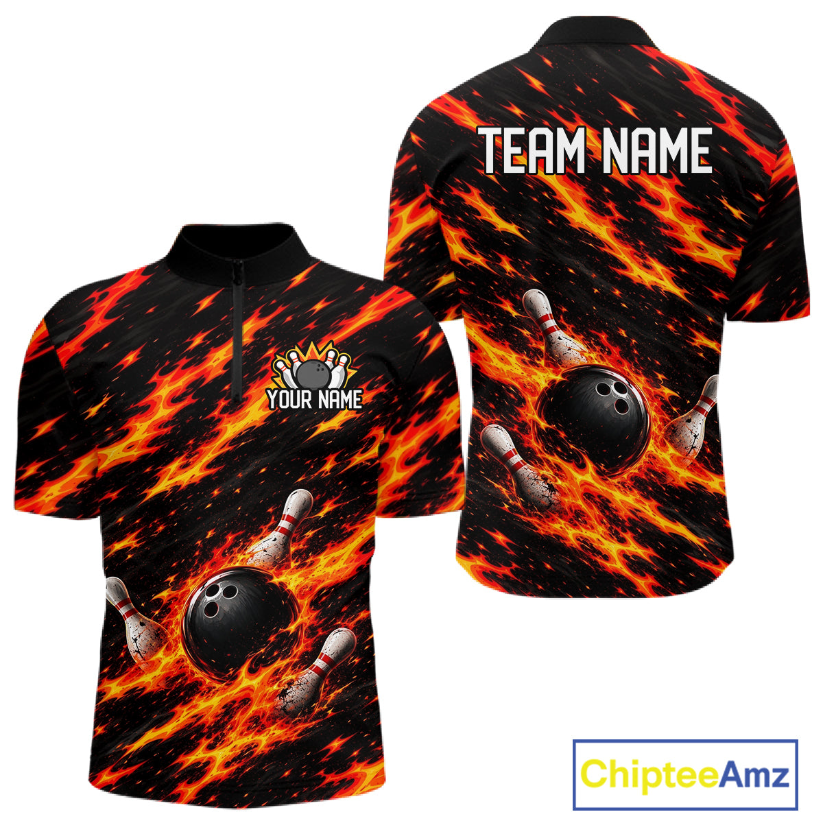 Black And Red Fire Bowling Shirt For Men Custom Flame Bowling Team Polo Quarter-Zip Shirt NYN4095